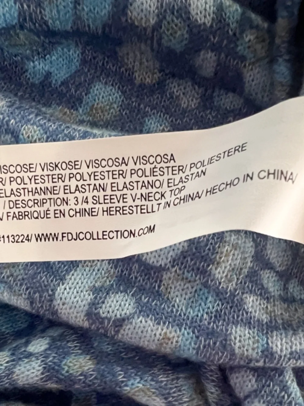 French Dressing Jeans Blue Abstract Print V-Neck 3/4 Sleeve Knit Top L | Boho